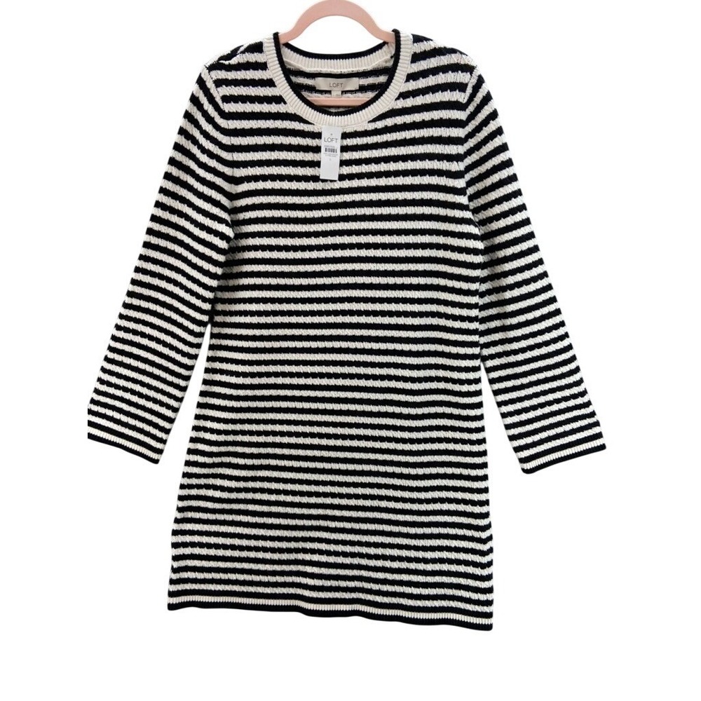 NWT LOFT Dress Womens Sz‎ L Black White Striped Cable Knit Sweater Long Sleeve